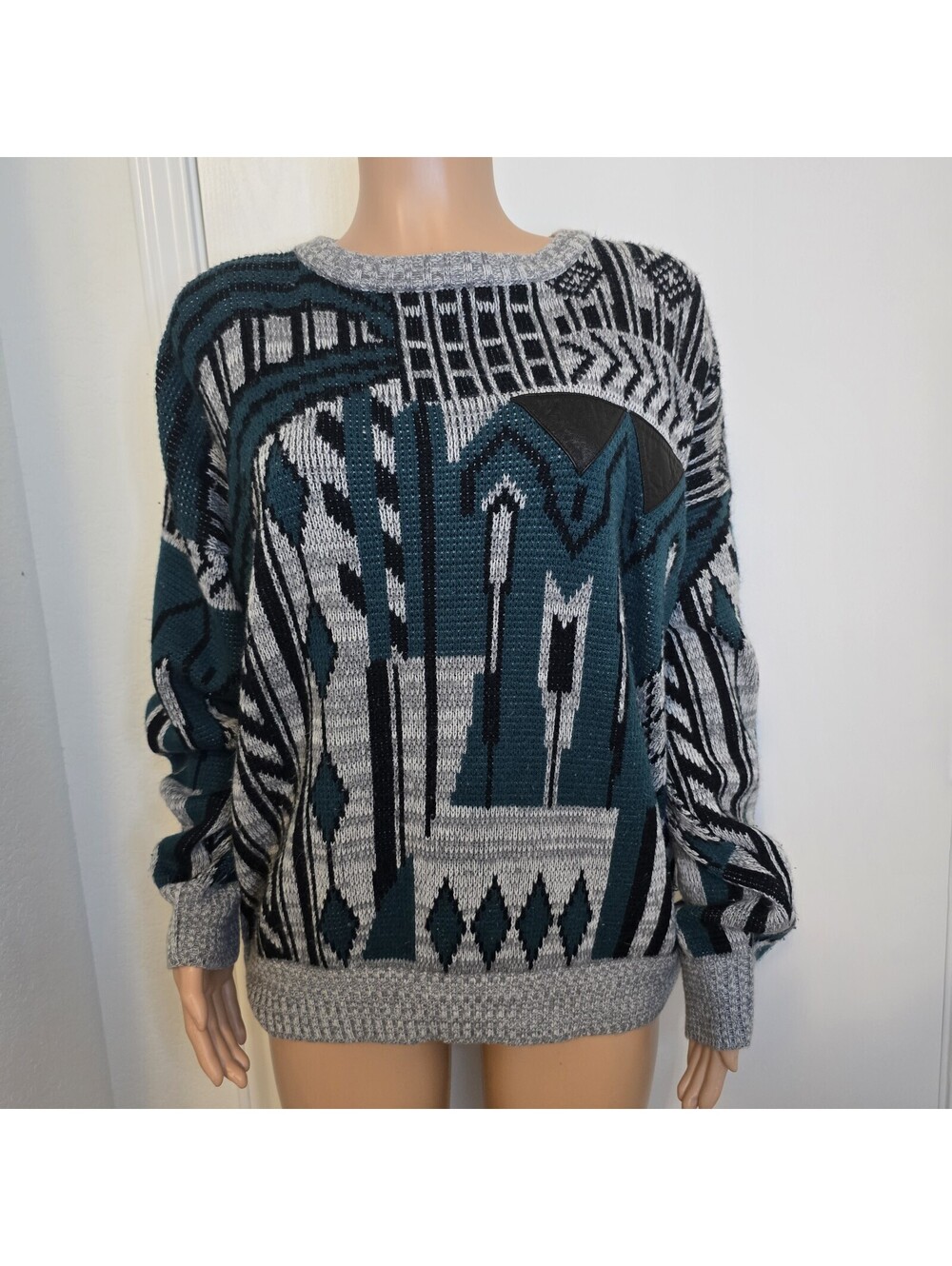 VTG PJ Henry Sweater Geometric Leather Trim Retro Size Large